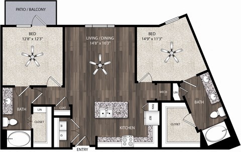 Floor plan for 2 beds, 2 baths, 1164 sqft